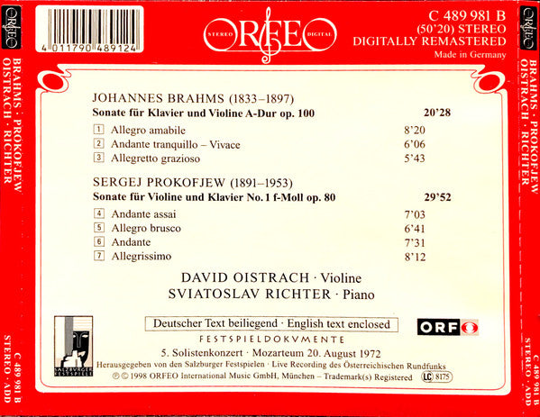 David Oistrach, Sviatoslav Richter, Johannes Brahms, Sergei Prokofiev : Violinsonate A-Dur Op.100 / Violinsonate F-Moll Op.80 (CD)