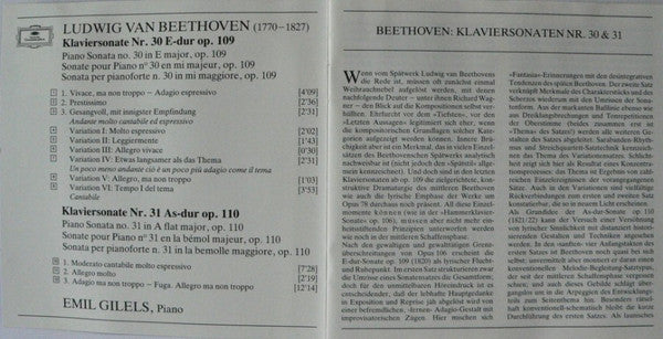 Ludwig van Beethoven / Emil Gilels : Klaviersonaten Nos. 30 & 31 = Piano Sonatas = Sonates Pour Piano (CD, Album)