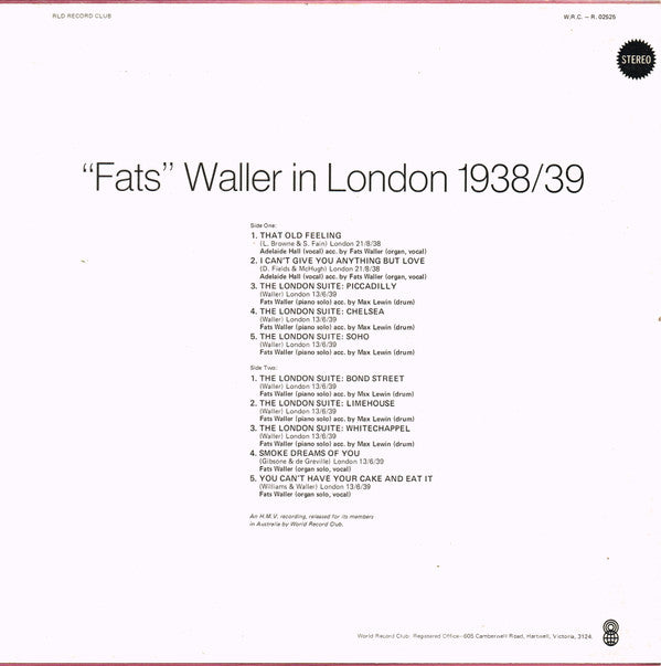 Fats Waller : Fats Waller In London 1938/39 (LP, Comp, Mono, Club, RE)