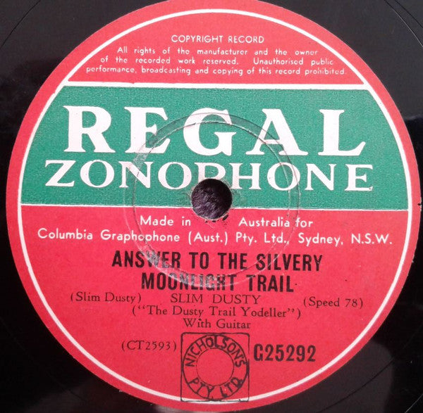 Slim Dusty : Answer To The Silvery Moonlight Trial / I Bet You Feel The Same (Shellac, 10")