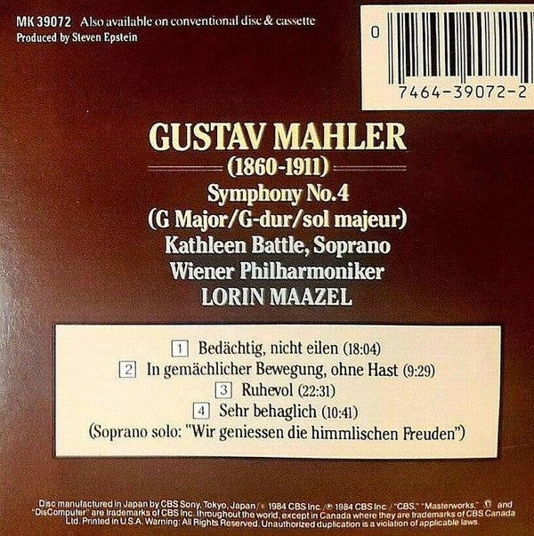Gustav Mahler, Kathleen Battle, Wiener Philharmoniker, Lorin Maazel : Symphony No. 4 (CD, RE)
