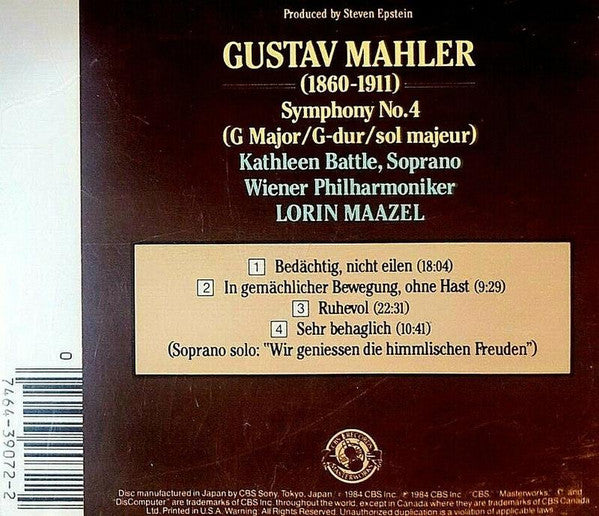 Gustav Mahler, Kathleen Battle, Wiener Philharmoniker, Lorin Maazel : Symphony No. 4 (CD, RE)