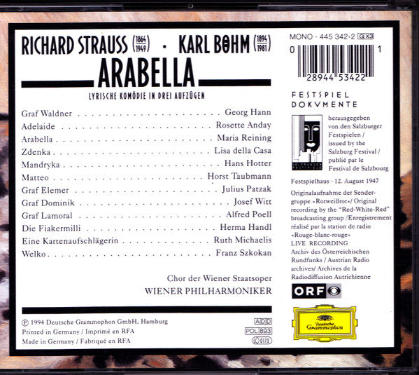Richard Strauss - Maria Reining · Lisa Della Casa · Hans Hotter · Horst Taubmann · Wiener Philharmoniker · Karl Böhm : Arabella (3xCD, Album, Mono, RE, RM)