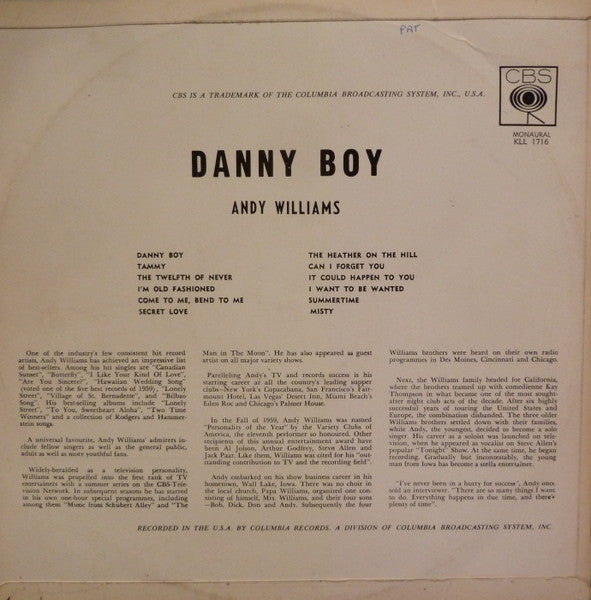 Andy Williams : "Danny Boy" And Other Songs I Love To Sing (LP, Album, Mono)