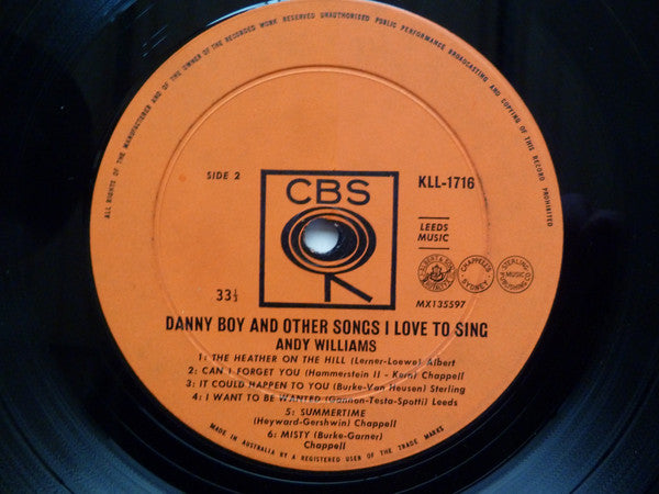 Andy Williams : "Danny Boy" And Other Songs I Love To Sing (LP, Album, Mono)
