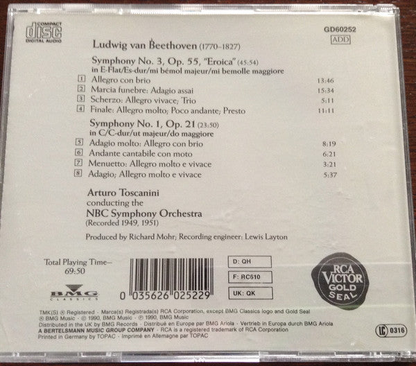 Ludwig van Beethoven - Arturo Toscanini, NBC Symphony Orchestra : Symphonies Nos. 1 & 3 "Eroica" (CD, Comp, Mono, RE, RM)