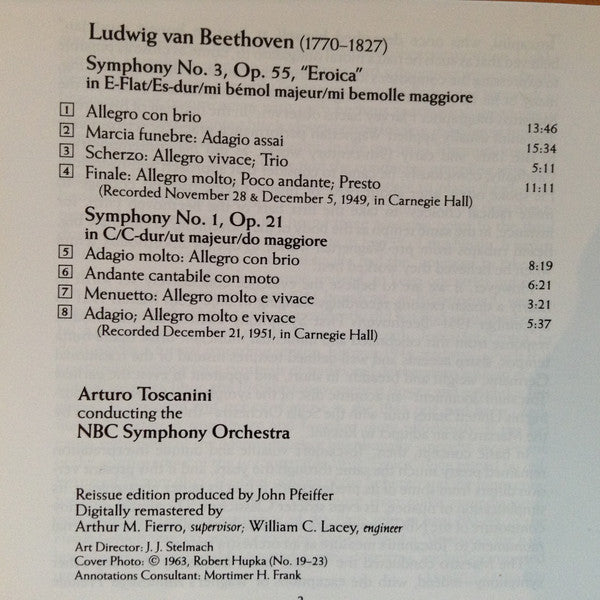 Ludwig van Beethoven - Arturo Toscanini, NBC Symphony Orchestra : Symphonies Nos. 1 & 3 "Eroica" (CD, Comp, Mono, RE, RM)