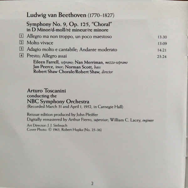 Ludwig van Beethoven - Eileen Farrell, Nan Merriman, Jan Peerce, Norman Scott, Arturo Toscanini, NBC Symphony Orchestra : Symphony No. 9 (CD, Album, Mono, RE, RM)