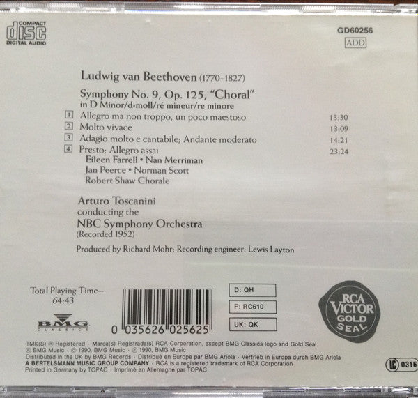 Ludwig van Beethoven - Eileen Farrell, Nan Merriman, Jan Peerce, Norman Scott, Arturo Toscanini, NBC Symphony Orchestra : Symphony No. 9 (CD, Album, Mono, RE, RM)