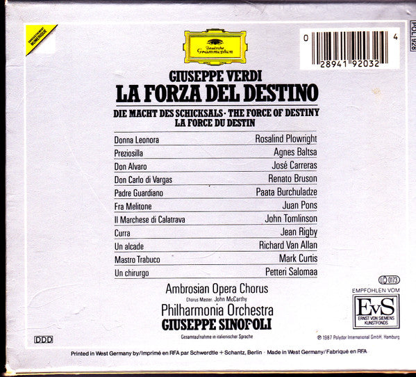 Giuseppe Verdi / Rosalind Plowright • Agnes Baltsa • José Carreras • Renato Bruson • Paata Burchuladze • Juan Pons • John Tomlinson (2) • Ambrosian Opera Chorus* • Philharmonia Orchestra • Giuseppe Sinopoli : La Forza del Destino (3xCD, Album + Box, Sli)