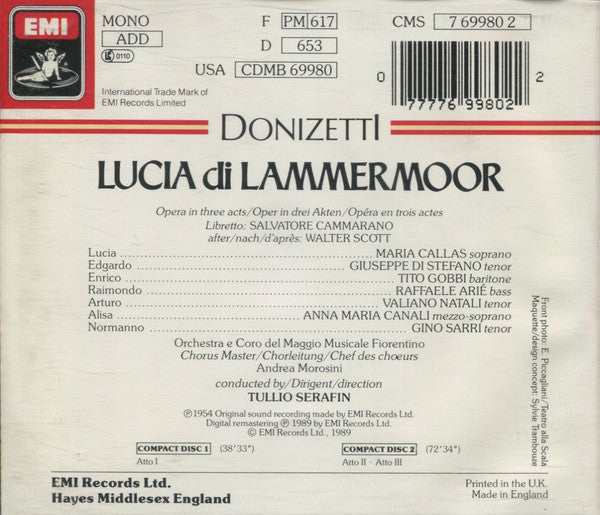 Donizetti* - Maria Callas, Giuseppe di Stefano, Tito Gobbi, Raffaele Arié, Orchestra* E Coro Del Maggio Musicale Fiorentino, Tullio Serafin : Lucia Di Lammermoor (2xCD, Album, Mono, RE, RM)