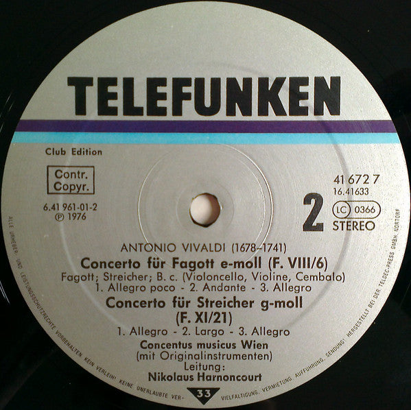 Antonio Vivaldi - Concentus Musicus Wien, Nikolaus Harnoncourt : Concerti (LP, Club)