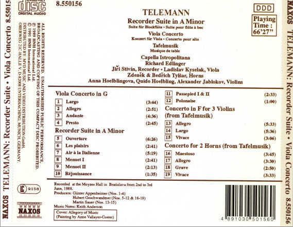 Telemann* - Capella Istropolitana, Richard Edlinger : Recorder Suite In A Minor - Viola Concerto - Tafelmusik (CD, Album, RE)