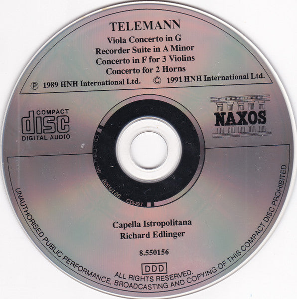 Telemann* - Capella Istropolitana, Richard Edlinger : Recorder Suite In A Minor - Viola Concerto - Tafelmusik (CD, Album, RE)