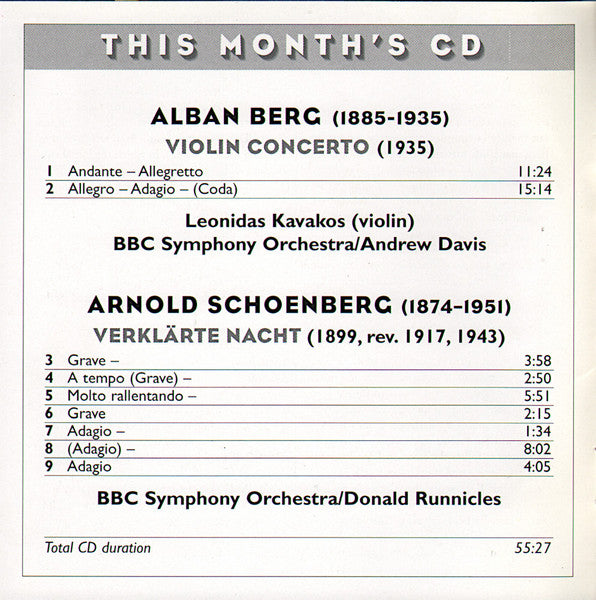 Berg* / Schoenberg* - Leonidas Kavakos*, BBC SO*, Andrew Davis, Donald Runnicles : Violin Concerto "To The Memory Of An Angel" / Verklärte Nacht (CD-ROM, Enh)