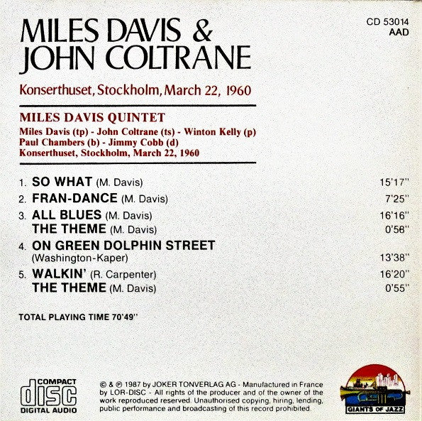 Miles Davis & John Coltrane : Konserthuset, Stockholm, March 22, 1960 (CD, Album, RE)