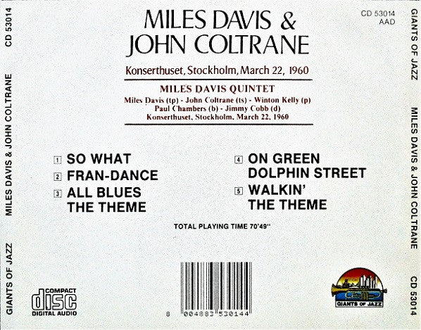 Miles Davis & John Coltrane : Konserthuset, Stockholm, March 22, 1960 (CD, Album, RE)