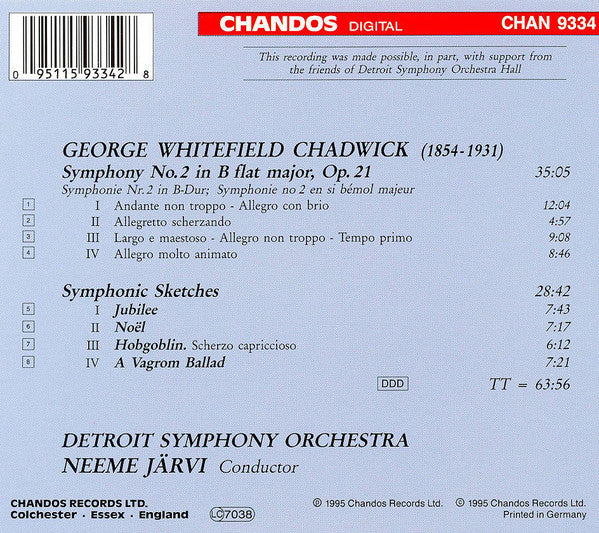 George Chadwick* - Detroit Symphony Orchestra, Neeme Järvi : Symphony No. 2 / Symphonic Sketches (CD, Album)
