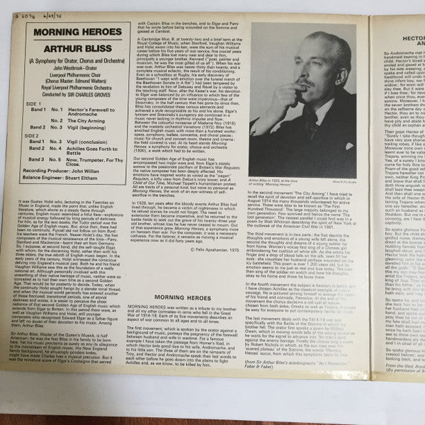 Arthur Bliss / Sir Charles Groves, John Westbrook, Royal Liverpool Philharmonic Orchestra, Royal Liverpool Philharmonic Choir : Morning Heroes (LP, Album, Gat)