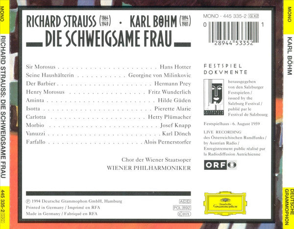 Richard Strauss - Hilde Güden ∙ Fritz Wunderlich ∙ Hermann Prey ∙ Hans Hotter ∙ Wiener Philharmoniker ∙ Karl Böhm : Die Schweigsame Frau (2xCD, Album, Mono, RE, RM)