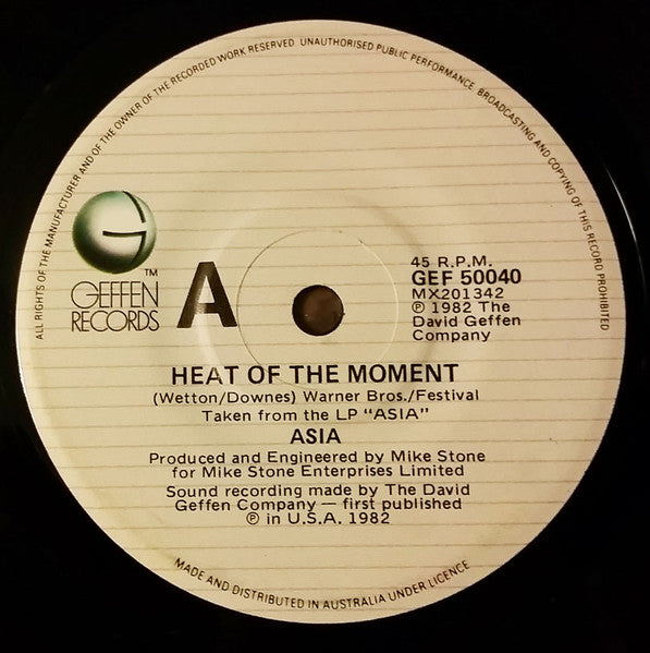 Asia (2) : Heat Of The Moment (7", Single)