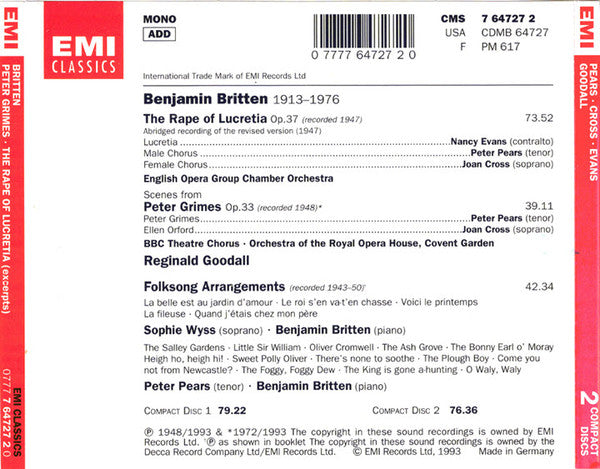 Britten*, Sir Peter Pears*, Joan Cross, Nancy Evans (3), Sir Reginald Goodall*, Benjamin Britten : Peter Grimes (Scenes) • The Rape of Lucretia (Abridged) • Folksong Arrangements - The Complete Early HMV & Decca Recordings (2xCD, Mono, RM)