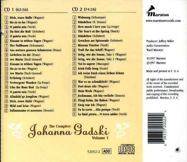 Johanna Gadski : The Complete Johanna Gadski (Volume 1: The Victor Recordings 1903-1909) (2xCD, Comp, Mono, RM)