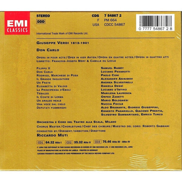 Giuseppe Verdi - Luciano Pavarotti, Samuel Ramey, Daniela Dessì, Paolo Coni, Luciana D'Intino, Alexander Anisimov, Orchestra Del Teatro Alla Scala E Coro Del Teatro Alla Scala, Riccardo Muti : Don Carlo (3xCD, Album + Box, Sli)