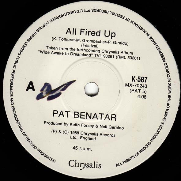 Pat Benatar : All Fired Up (7", Single, Ltd)