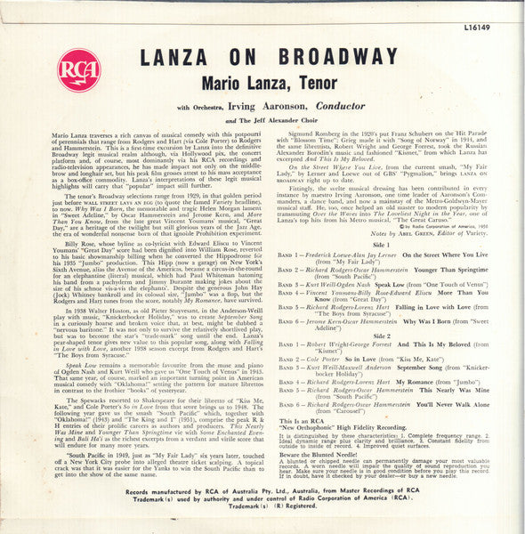 Mario Lanza : Lanza On B'way (LP, Mono)