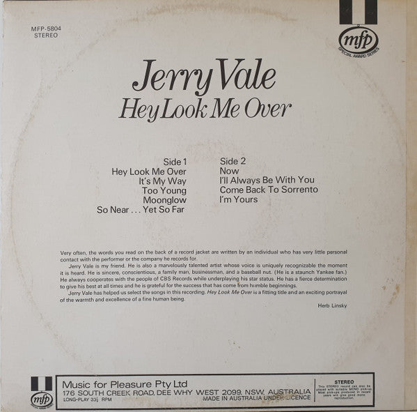 Jerry Vale : Hey Look Me Over (LP, Album)