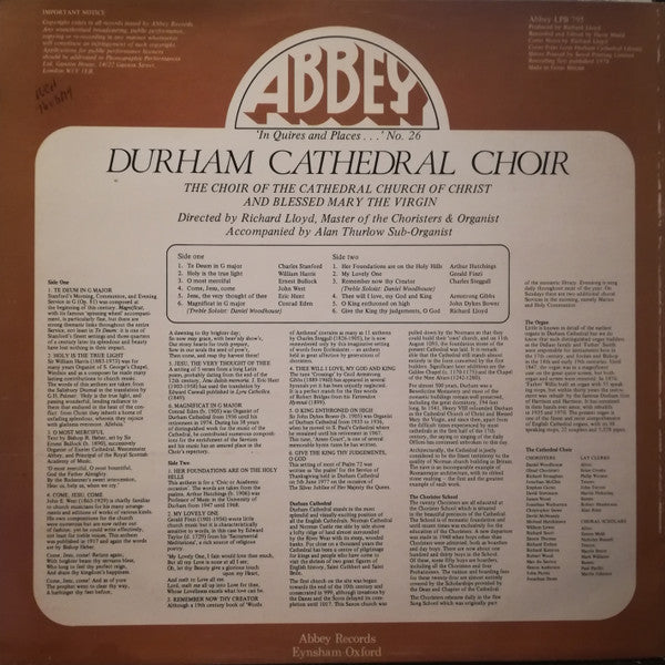 Durham Cathedral Choir Directed By Richard Lloyd (7) Accompanied By Alan Thurlow : 'In Quires And Places...' No. 26 (LP)