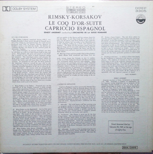 Rimsky-Korsakov*, Ernest Ansermet  Conducting L'Orchestre De La Suisse Romande : Rimsky-Korsakov: Le Coq D'Or (Suite) / Capriccio Espagnol (LP, RE, RM)