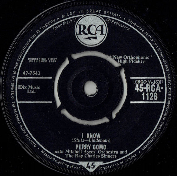 Perry Como : I Know (7", Single, Pus)
