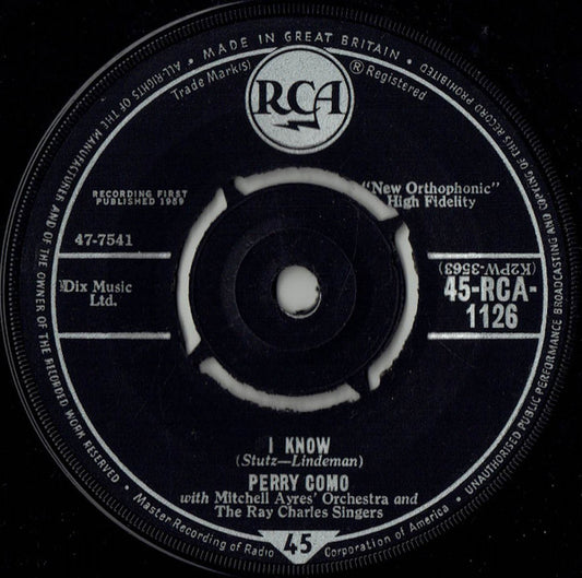 Perry Como : I Know (7", Single, Pus)