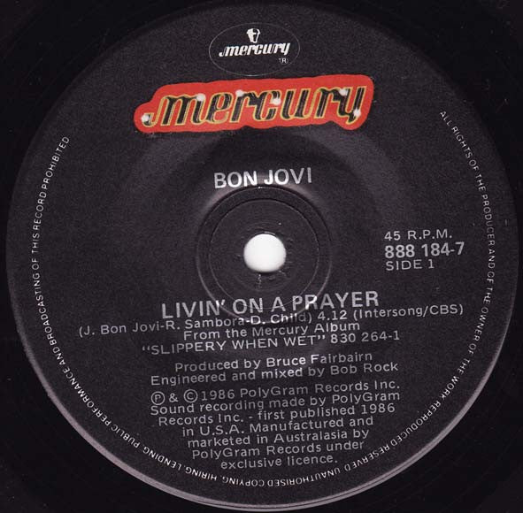 Bon Jovi : Livin' On A Prayer (7", Single)