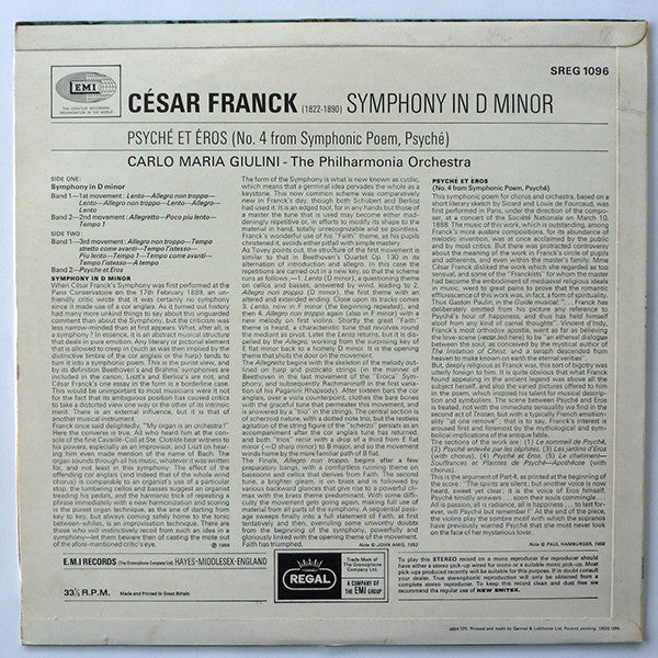 César Franck - Carlo Maria Giulini, Philharmonia Orchestra : Symphony In D Minor / Psyché Et Éros (LP, RE)