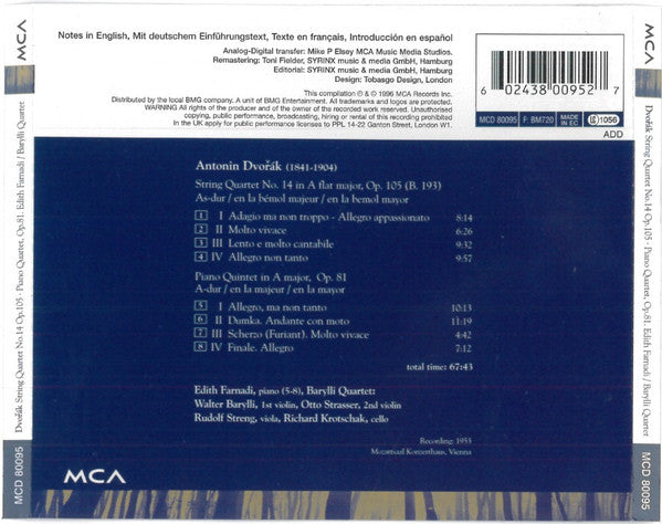 Antonín Dvořák, Edith Farnadi, Barylli Quartet : String Quartet No. 14 in A Flat Major, Op. 105 / Piano Quartet In A Major, Op. 81 (CD, RE)