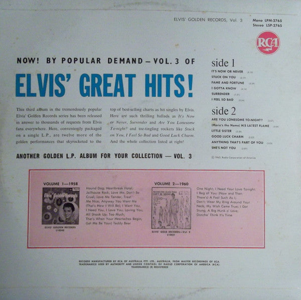 Elvis Presley : Elvis' Golden Records, Vol. 3 (LP, Comp, Mono, Bla)