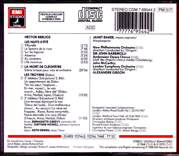 Berlioz* - Janet Baker / Alexander Gibson / Sir John Barbirolli : Les Nuits D'été, La Mort De Cléopâtre, Les Troyens (CD, Comp, RM)