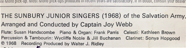 The Sunbury Junior Singers Of The Salvation Army : Christmas Songs & Carols for Little Children (LP, Album)