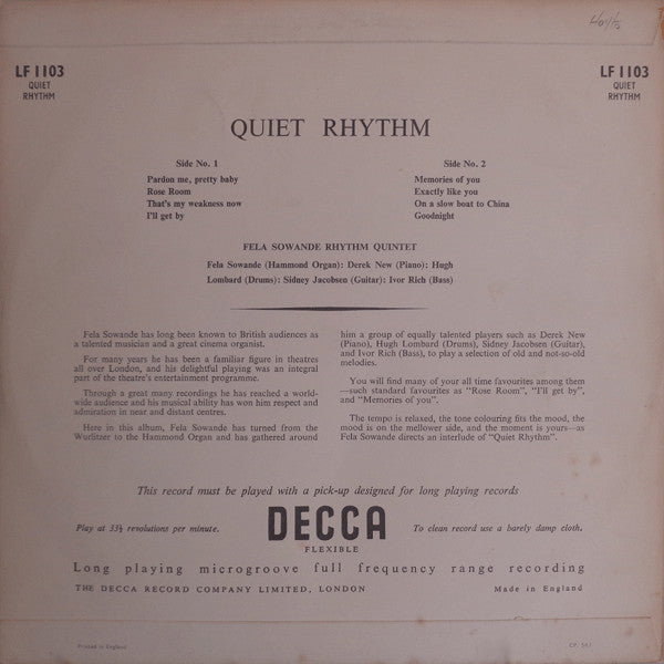 Fela Sowande Rhythm Quintet* : Quiet Rhythm (10", Mono)