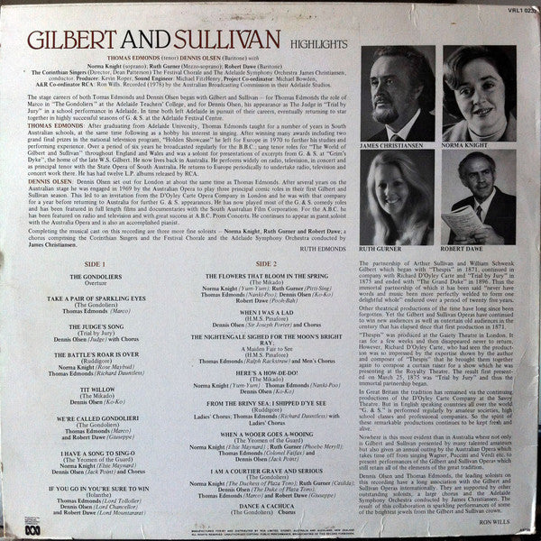 Thomas Edmonds & Dennis Olsen (3) With The Adelaide Symphony Orchestra Conducted By James Christiansen : Gilbert And Sullivan Highlights (LP, Album)