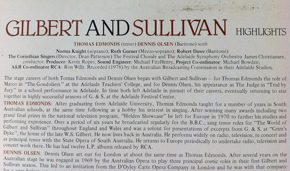Thomas Edmonds & Dennis Olsen (3) With The Adelaide Symphony Orchestra Conducted By James Christiansen : Gilbert And Sullivan Highlights (LP, Album)