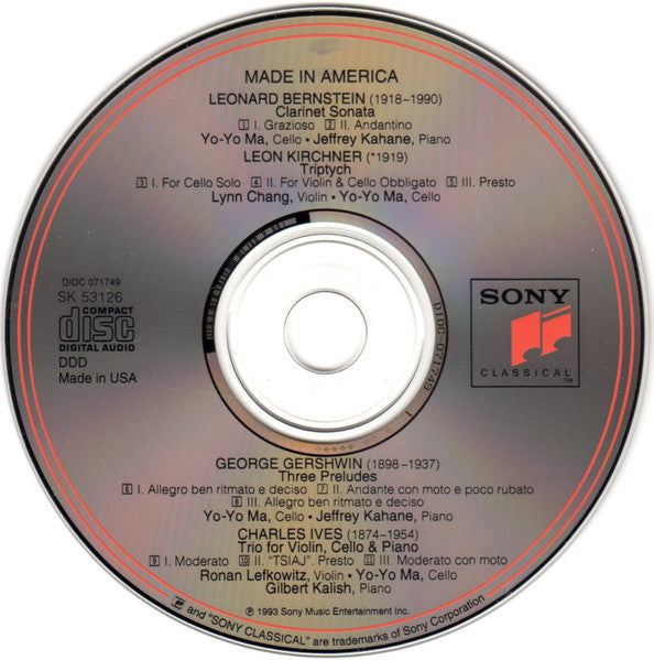 Yo-Yo Ma, Bernstein*, Kirchner*, Gershwin*, Ives*, Lynn Chang, Jeffrey Kahane, Gilbert Kalish, Ronan Lefkowitz : Made In America (CD)