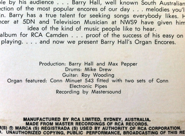 Barry Hall (3) : Organ Encores (LP)