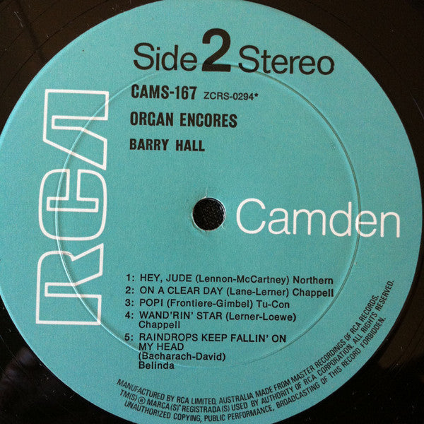 Barry Hall (3) : Organ Encores (LP)