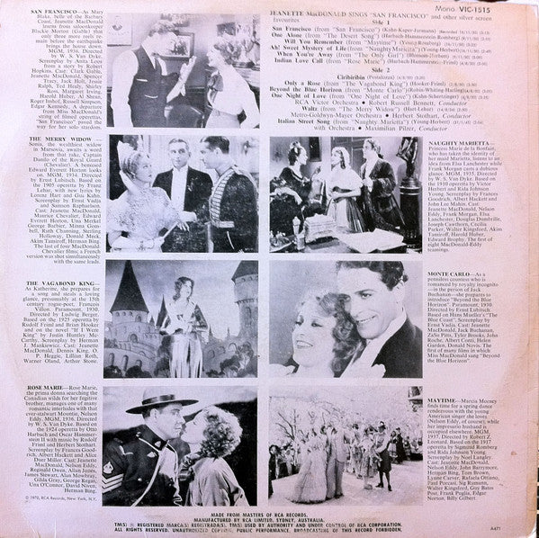 Jeanette MacDonald : Sings San Francisco And Other Silver Screen Favorites (LP, Comp, Mono)