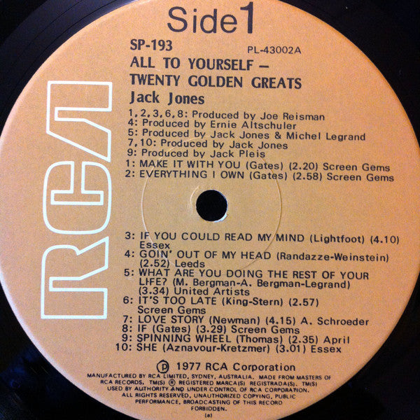 Jack Jones : All To Yourself - Twenty Golden Greats (LP, Comp)