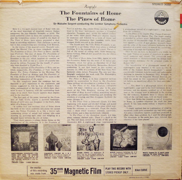 Ottorino Respighi - Sir Malcolm Sargent Conducting The London Symphony Orchestra : The Fountains Of Rome / The Pines Of Rome (LP)